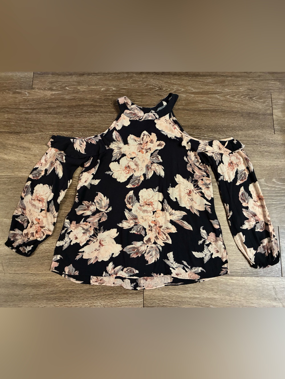 Charlotte Russe Floral Cold Shoulder Blouse in Navy and Blush Size S/M - Picture 2 of 5
